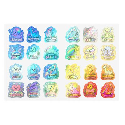 JR DINO, UNICORN, + PIANO POWER Holographic or Transparent Sticker Sheets—10 Pack (240 Stickers)